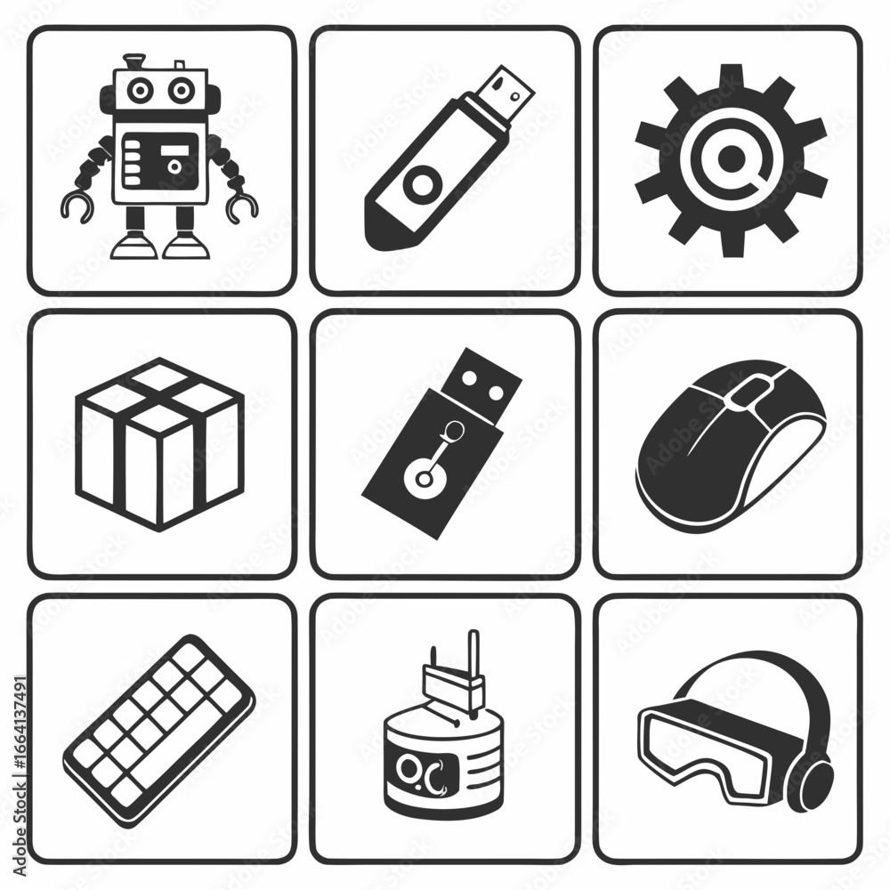 Poster a grid of nine black and white icons representing technology and digital devices including a robot u
