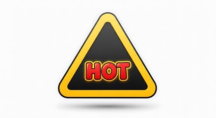 A glossy, triangular warning sign with a bold yellow border and black center, displaying the word HOT in vibrant red letters.