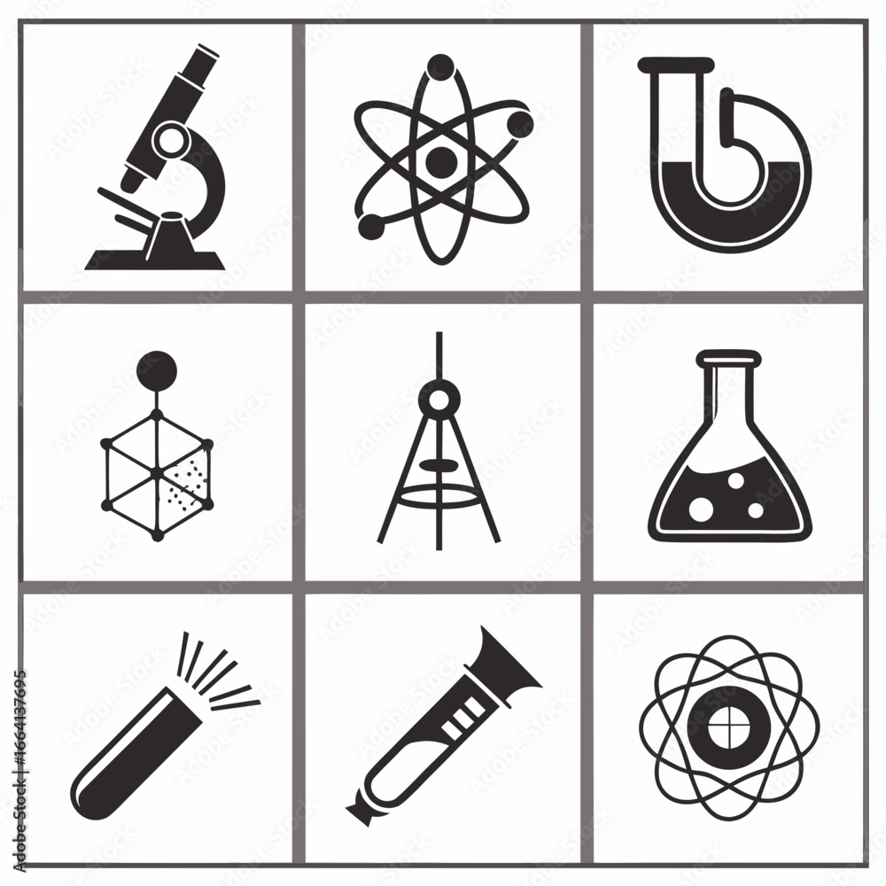 Poster collection of nine black and white science and research icons including a microscope atom model test
