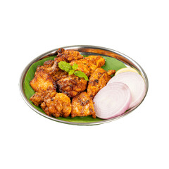 Tawa Chicken Fry in a Plate with Banana Leaf on a Transparent PNG Background