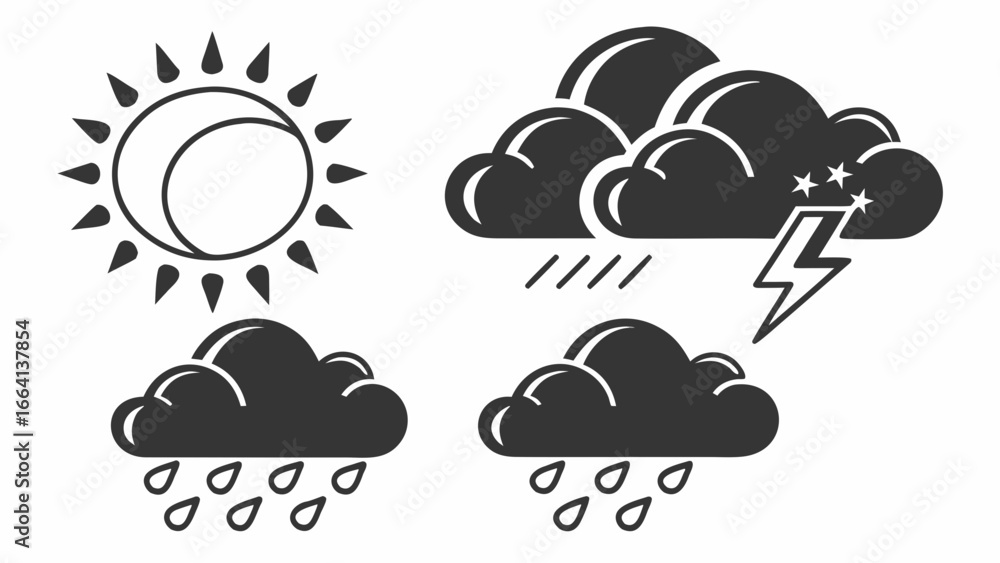 Poster collection of weather icons including a sun with rays a thundercloud with lightning and rain and two