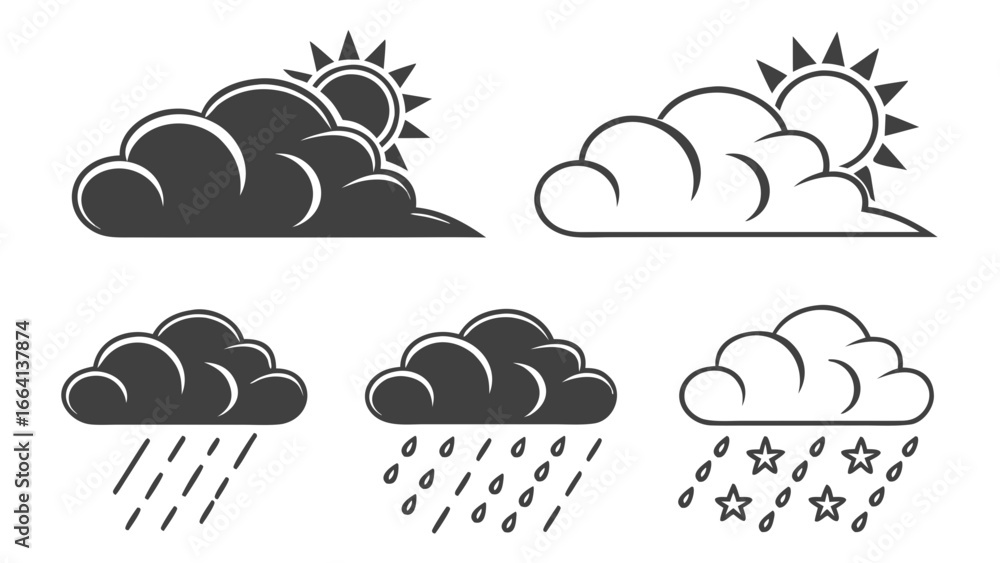 Poster collection of stylized weather icons featuring clouds with sun and rain presented in both solid blac