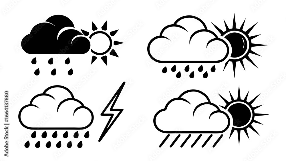Poster collection of weather icons depicting rain sun clouds and lightning representing various meteorologi