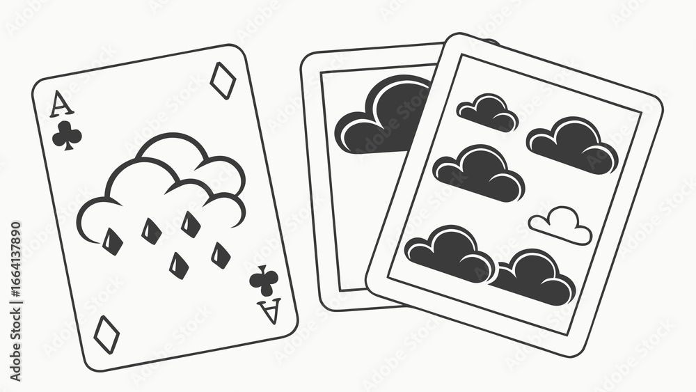 Poster ace of diamonds playing card with a cloud and rain illustration next to two cards featuring multiple