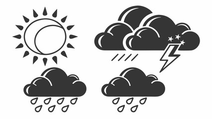 Collection of weather icons including a sun with rays a thundercloud with lightning and rain and two rain clouds with water droplets on a white background