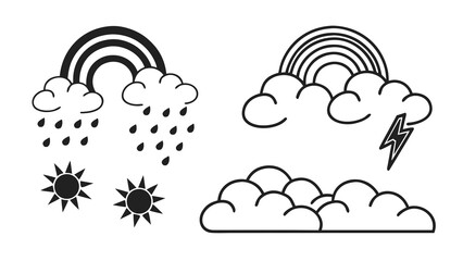 Collection of weather icons including a rainbow with rain clouds suns and a lightning bolt with clouds on a white background