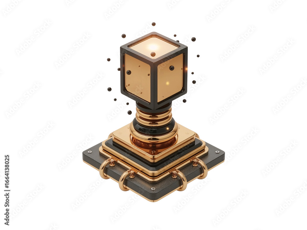 Poster abstract golden cube on a pedestal floating particles isolated transparent backdrop