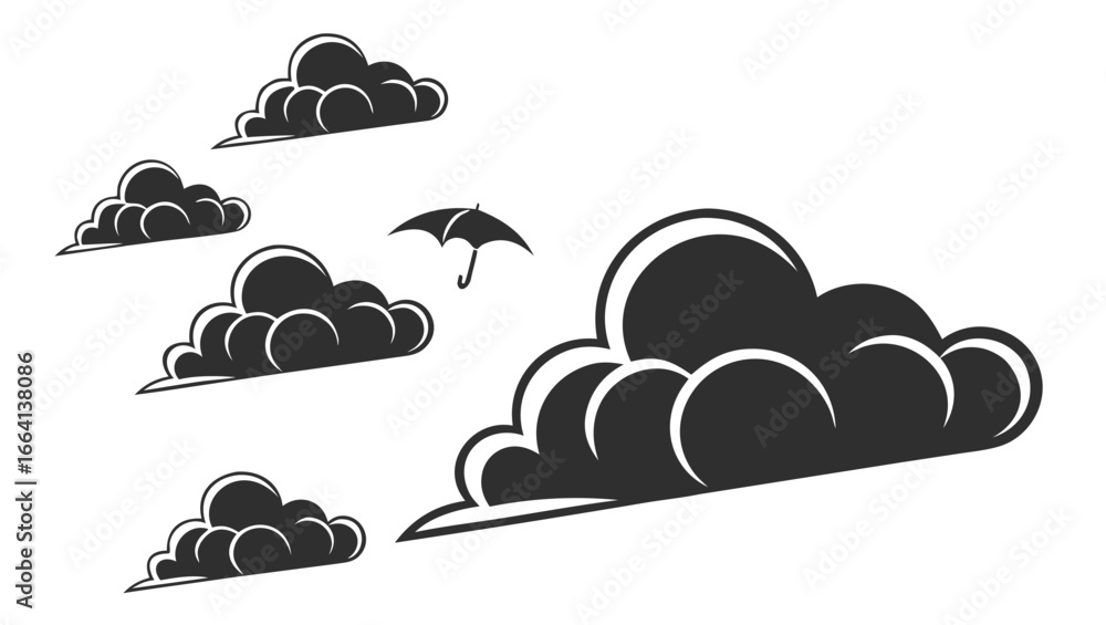 Poster Stylized dark clouds with a small open umbrella floating in the sky representing protection from rain or bad weather conditions