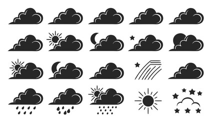 Collection of stylized black cloud icons representing various weather conditions including sunshine nighttime rain and starry skies on a white background