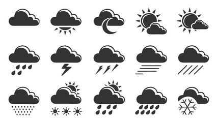 Collection of stylized black weather icons representing various atmospheric conditions including sun clouds rain lightning snow and night sky elements
