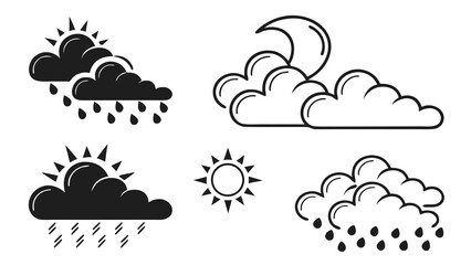 Collection of weather icons featuring sun behind clouds with rain moon with clouds sun with rain and a simple sun symbol against a white background