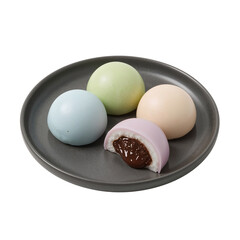 Elegant assortment of colorful mochi sweets on a plate with isolated transparent background,
