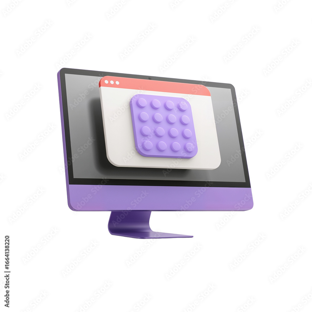 Poster modern computer display with application window floating on a transparent surface offering digital