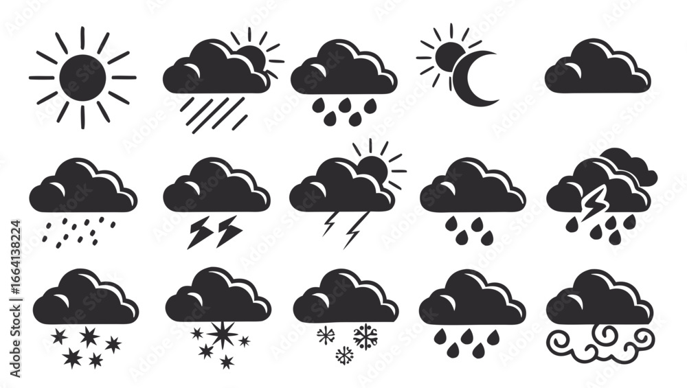Poster a collection of weather icons including sun clouds rain snow lightning and a crescent moon with sun 