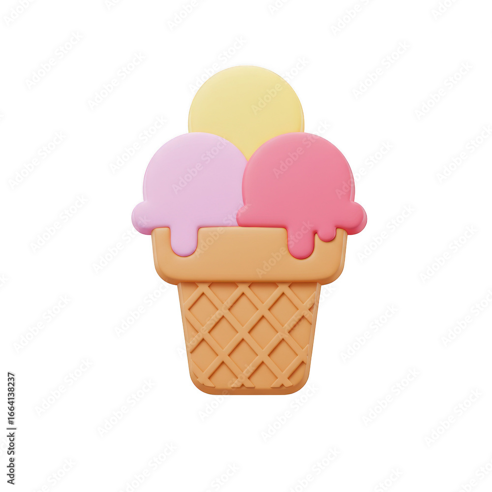 Poster ice cream cone with three scoops isolated on transparent background