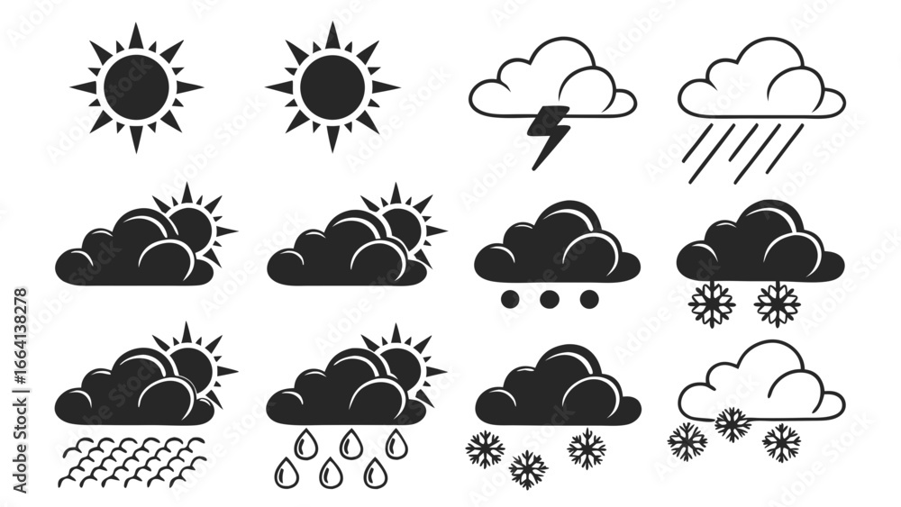 Poster collection of weather icons representing sunshine cloudy conditions rain thunderstorms sleet and sno