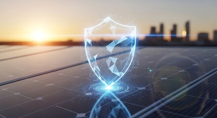 Solar Panel Security Shield with Cityscape at Sunset.