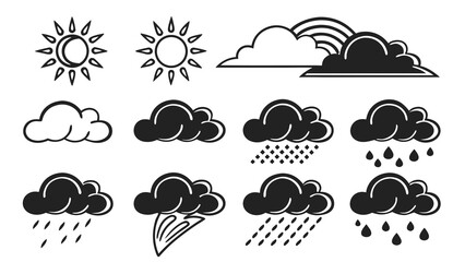 A collection of weather icons featuring the sun clouds rain and a rainbow presented in a clean modern and graphic style for easy understanding