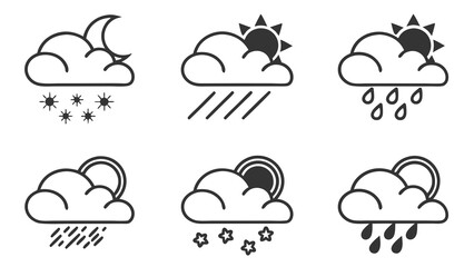 A collection of six simple weather icons depicting various atmospheric conditions including snow rain and sunshine with clouds and a crescent moon at night