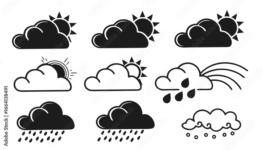 Poster collection of weather icons showing different atmospheric conditions with sun clouds rain and rainbo