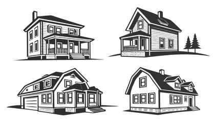 Collection of four distinct black and white vector illustrations of traditional american residential houses showcasing diverse architectural styles and features
