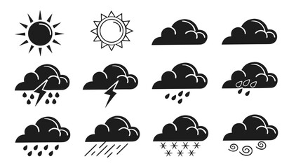Collection of weather icons representing sunshine clouds rain thunderstorms snow and wind in a simple black and white graphic style
