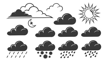 Collection of stylized weather icons featuring a bright sun various cloud shapes a crescent moon with a star and precipitation symbols like rain and hail
