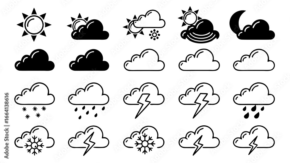Poster collection of weather icons including sun clouds rain snow lightning and moon presented in a clean m