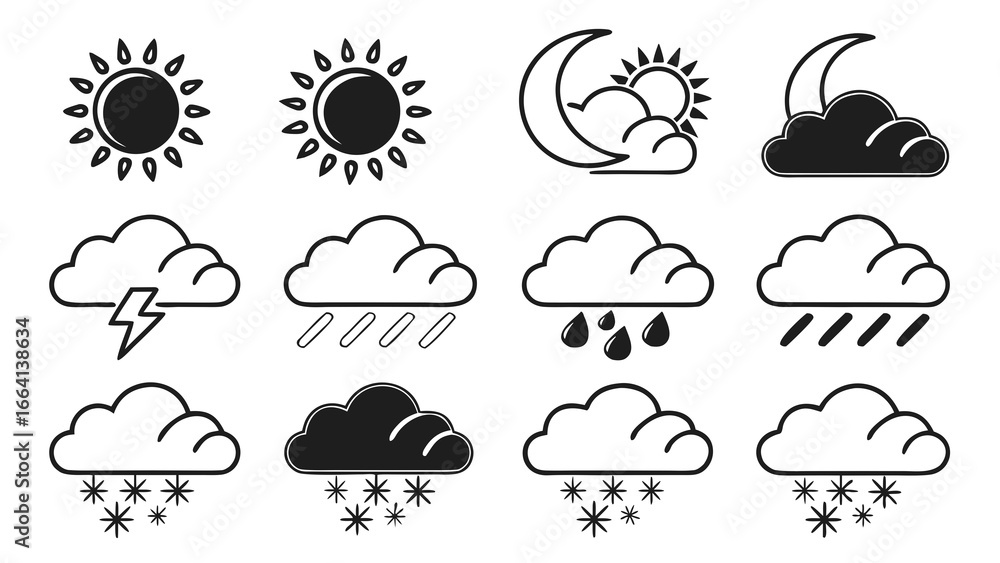 Poster collection of simple weather icons representing sunny day cloudy day partly cloudy night with moon a