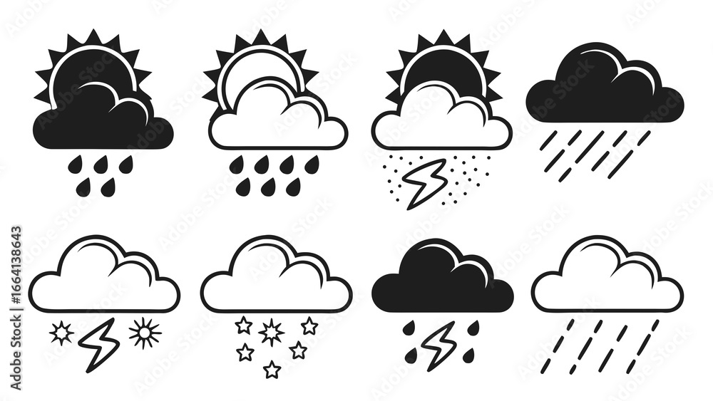 Poster collection of eight weather icons depicting various meteorological conditions including sun and clou