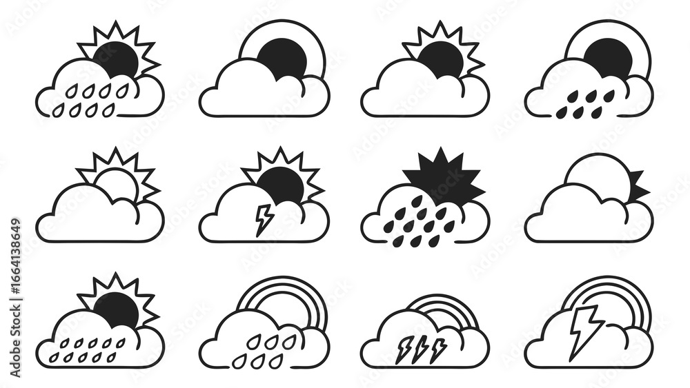 Poster a collection of twelve weather icons featuring clouds with sun rain lightning and rainbows presented