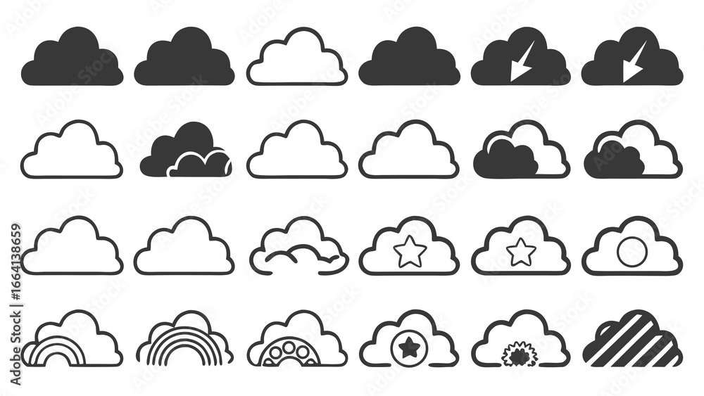 Poster a collection of diverse cloud icons and symbols representing various weather conditions and celestia