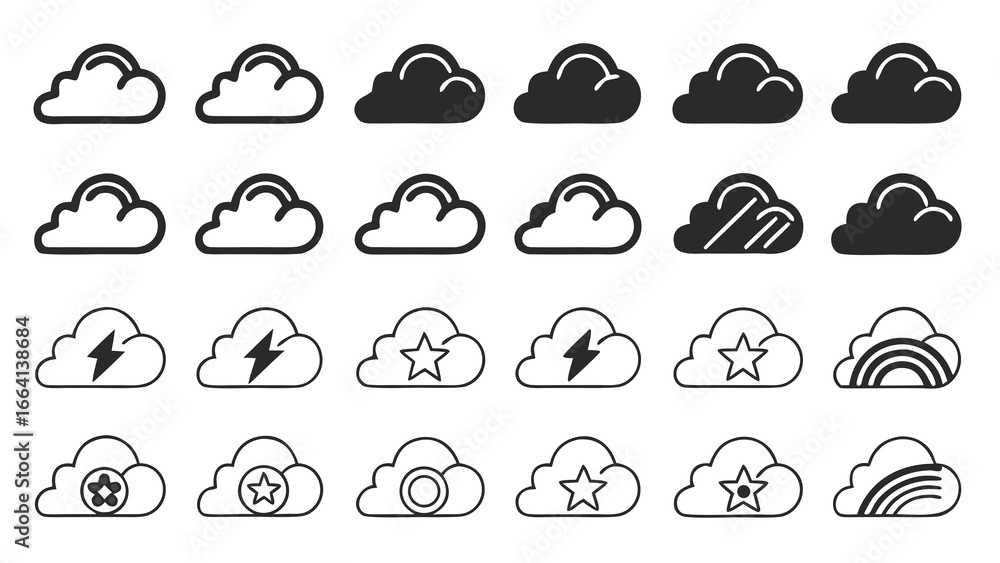 Poster collection of diverse cloud icons featuring weather symbols like lightning stars rainbows and geomet