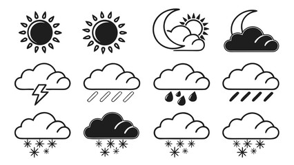 Collection of simple weather icons representing sunny day cloudy day partly cloudy night with moon and sun stormy weather with lightning rain and snow