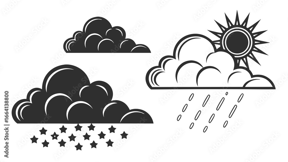 Poster stylized black and white vector illustration of three distinct clouds one with stars falling another