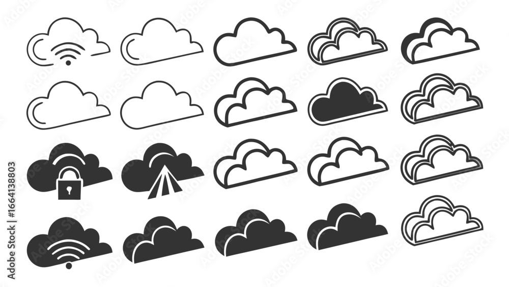 Poster collection of diverse cloud computing icons with various styles including outline filled and 3d effe