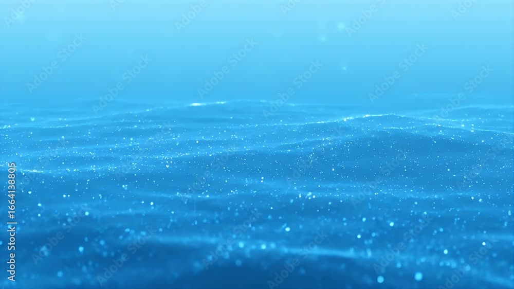 Poster a serene, abstract depiction of the ocean's surface, with subtle wave patterns and light particles.