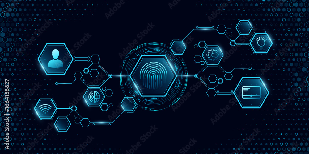 Poster digital glowing hexagonal circuit board diagram with fingerprint scan, hud circle and modern high te