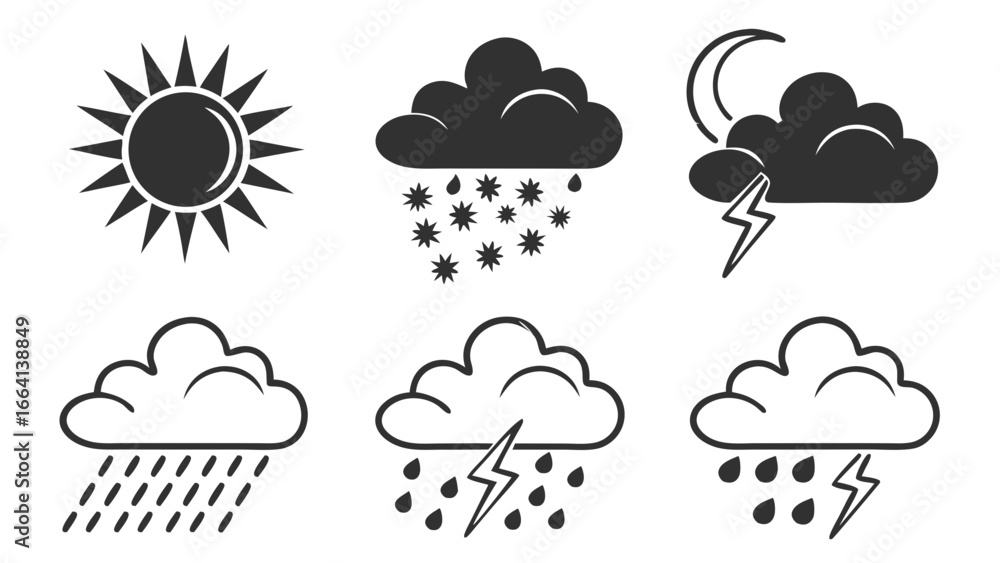 Poster collection of simple weather icons including sun clouds with rain and snow moon with lightning and s