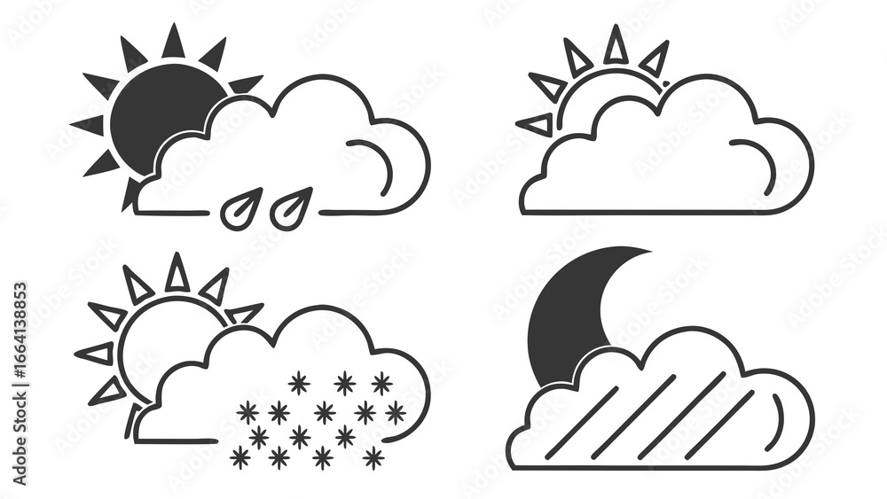 Poster collection of stylized weather icons depicting various atmospheric conditions including sun behind c
