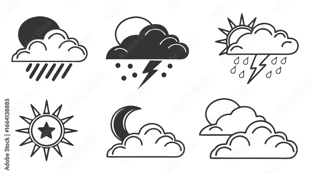 Poster a collection of weather icons featuring rain thunderstorms lightning sun moon and clouds representin