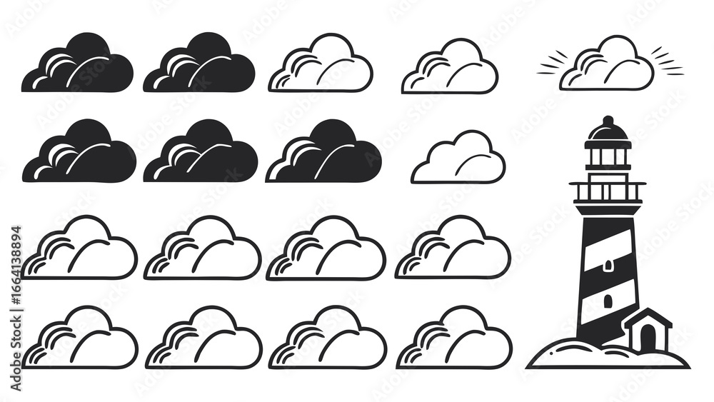 Poster collection of stylized cloud icons in various filled and outline designs alongside a classic black a