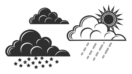 Stylized black and white vector illustration of three distinct clouds one with stars falling another with rain and a sun and a third plain cloud representing weather elements