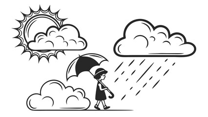 A child with an umbrella walks through the rain under a cloudy sky with a bright sun shining through another cloud
