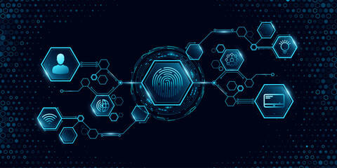 Fototapeta premium Digital glowing hexagonal circuit board diagram with fingerprint scan, HUD circle and modern high tech icons for UI and GUI design. Modern technology background. Vector illustration.