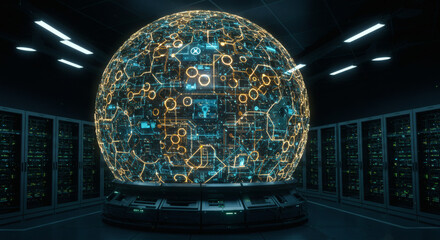 A glowing spherical supercomputer core with intricate circuitry in a futuristic data center server room
