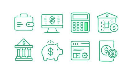 A collection of financial icons including a wallet computer with dollar sign calculator bank piggy bank website and mobile phone with coins on a black background