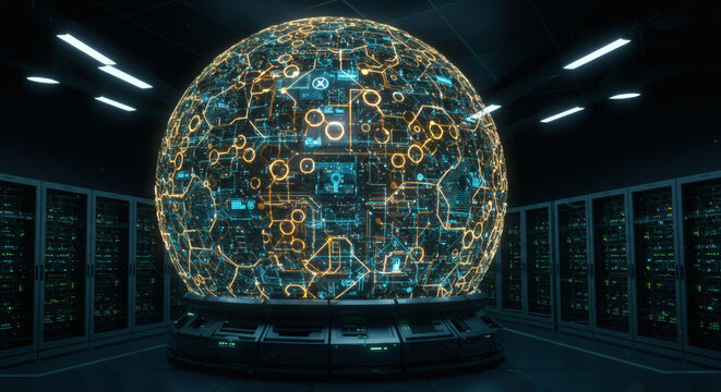 A glowing spherical supercomputer core with intricate circuitry in a futuristic data center server room