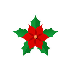 Festive christmas poinsettia with holly and ribbon vector illustration