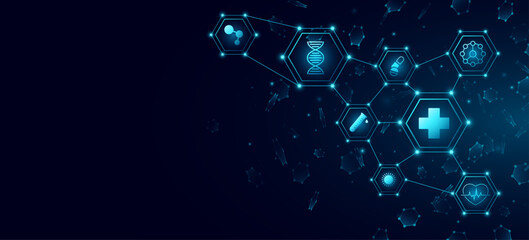 Futuristic connected molecular hexagons with healthcare icons for Medical technology background. Digital health design for AI in medicine or scientific research presentation. Vector illustration.